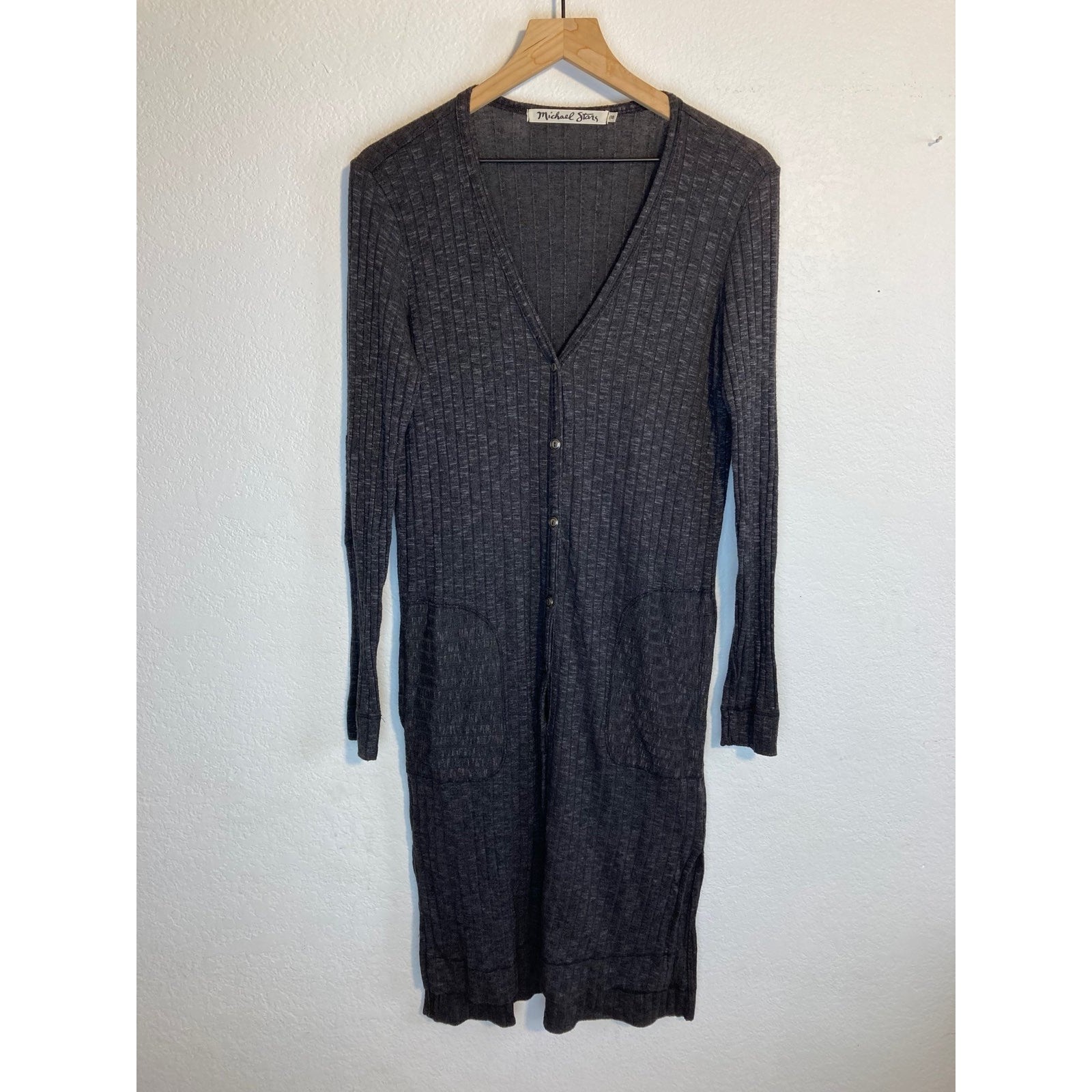 Michael Stars Ribbed Long Button Front Cardigan Grey With Pockets Rayon